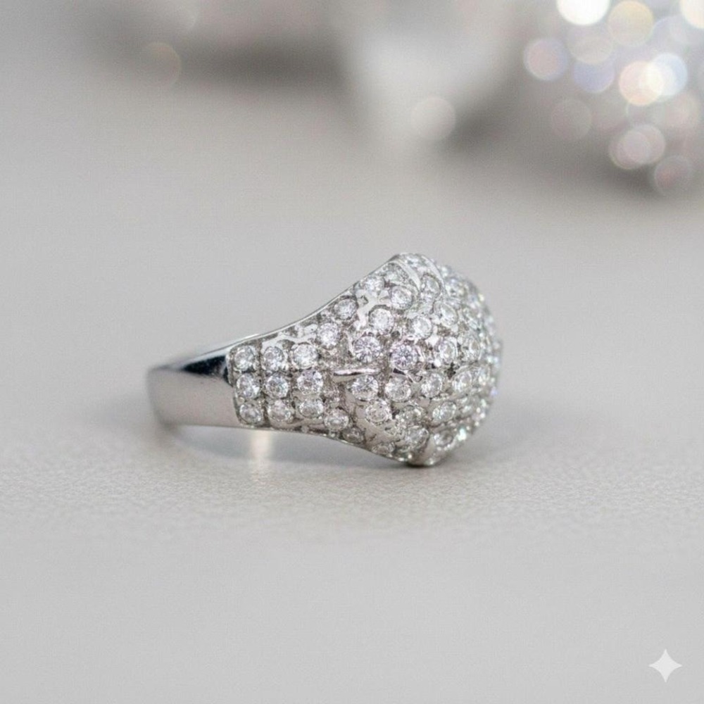 Vtg Silver Toned Ball Rhinestones‎ Ring Sz 7 Statement Evening Bling Oversized
